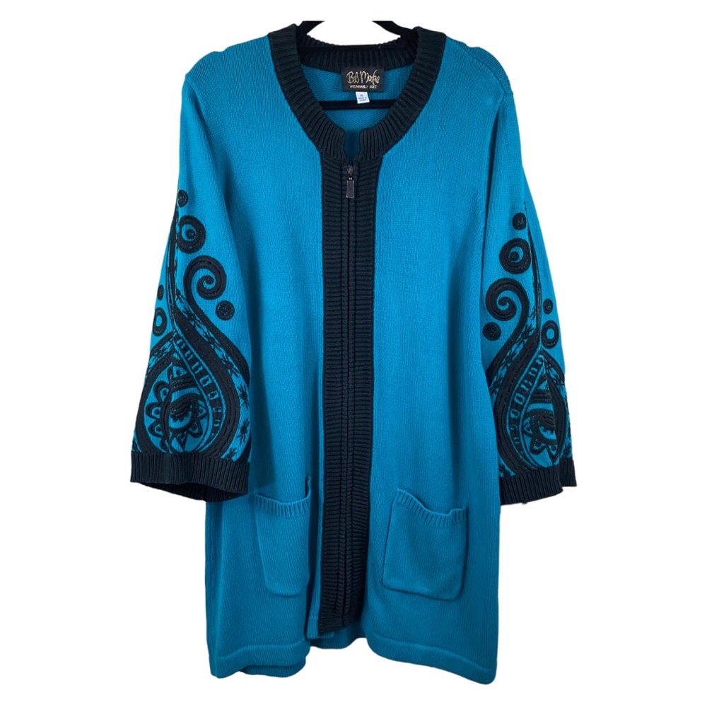 Bob Mackie Wearable Art Sultana teal w/black embroidery fullzip cardigan sweater